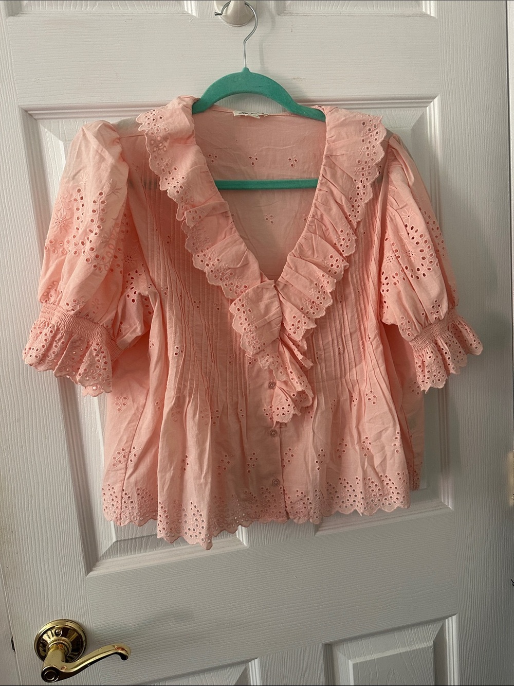 Ultra Pink Peach Eyelet Ruffle V-Neck Blouse